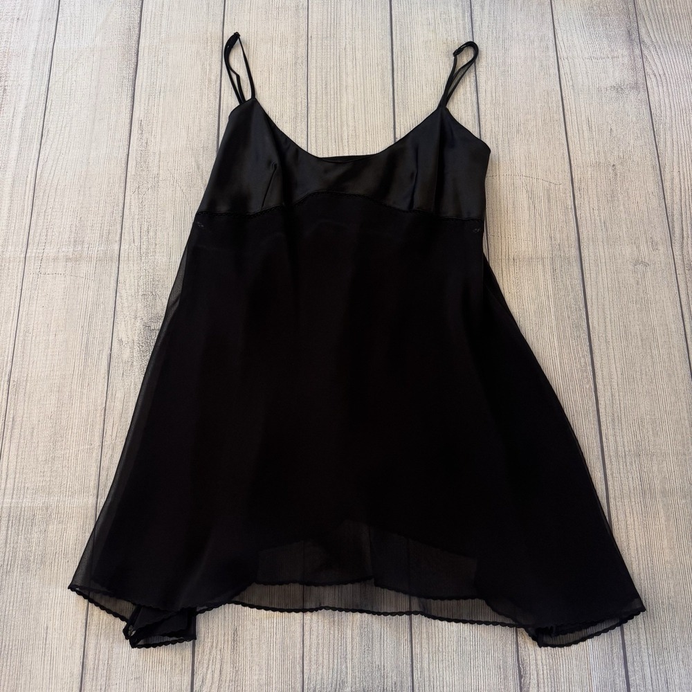 Victoria's Secret Black Satin Sheer Babydoll Chemise Nightgown Lingerie Size L